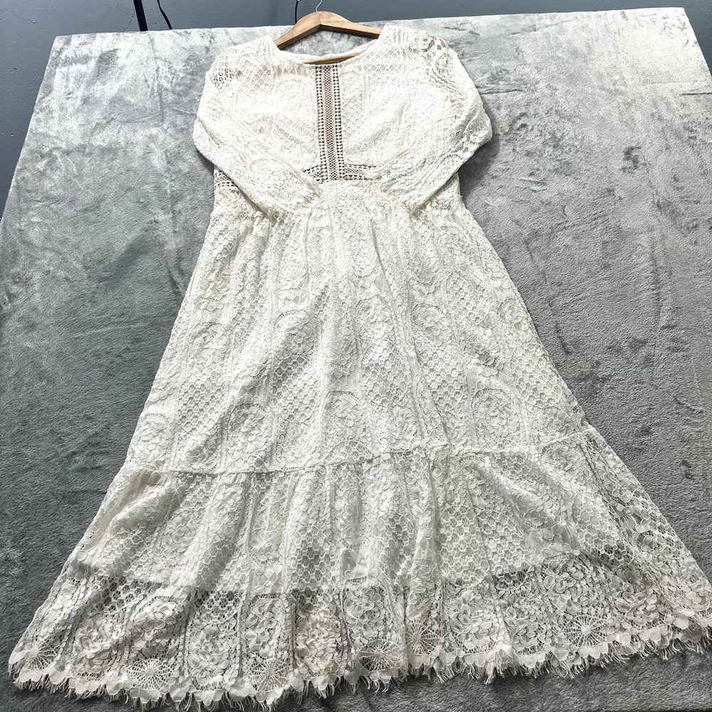 Metish Ivory Lace Maxi Dress Large Cottagecore Boho Empire Waist Long Sleeve Vtg